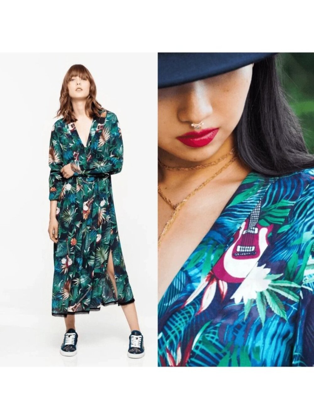 Zadig & Voltaire Women's Roux Jungle Maxi Shirt Dress sz S Button Down Guitars